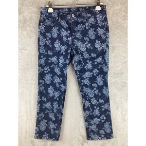 Liz Claiborne Capri Jeans Size Petite 8p Blue Denim White‎ Floral Print Stretch